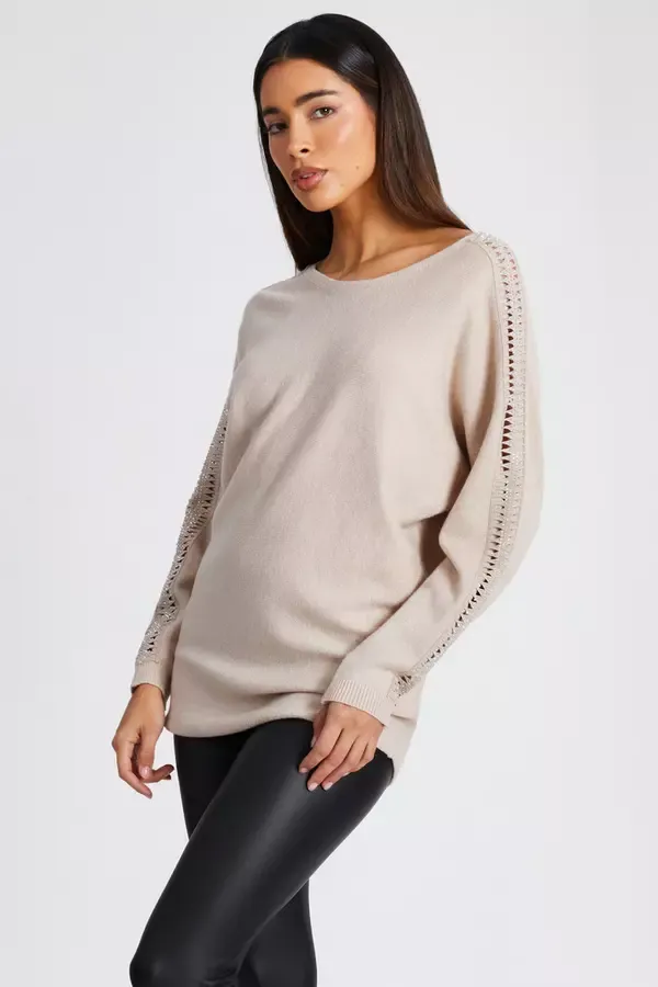 Quiz Clothing Jumpers Stone Knit Diamante Sleeve Jumper 8211 Women