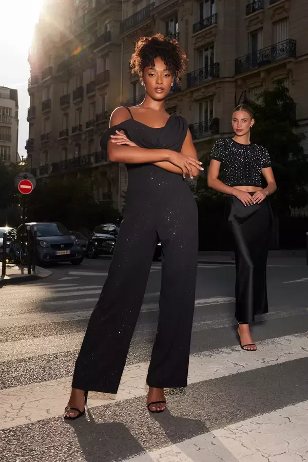 Quiz Clothing Jumpsuits Black Glitter Cowl Neck Jumpsuit 8211 Women