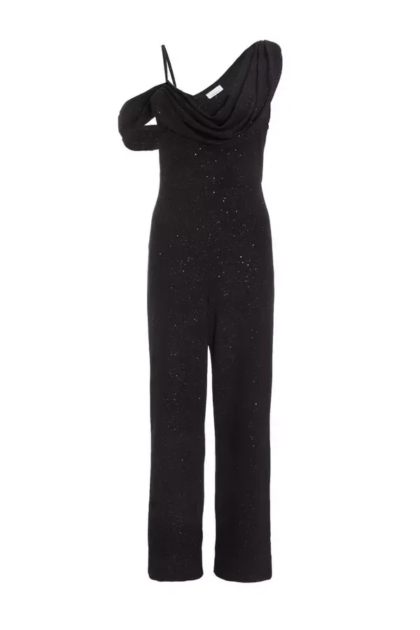 Quiz Clothing Jumpsuits Black Glitter Cowl Neck Jumpsuit 8211 Women