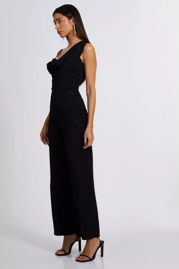 Quiz Clothing Jumpsuits Black Glitter Cowl Neck Jumpsuit 8211 Women