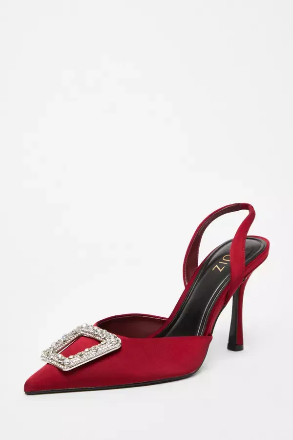 Quiz Clothing Party Shoes Dark Red Satin Brooch Court Heels 8211 Women