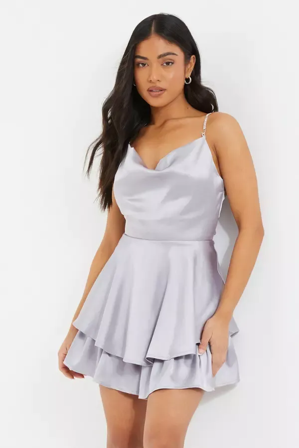 Quiz Clothing Playsuits Petite Grey Satin Diamante Playsuit 8211 Women