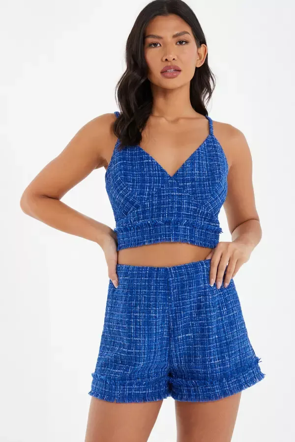 Quiz Clothing Shorts Royal Blue Checked Boucle Shorts 8211 Women