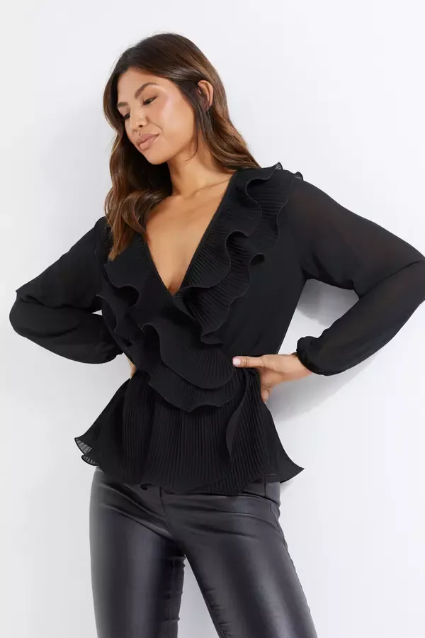 Quiz Clothing Tops Black Chiffon Wrap Peplum Top 8211 Women