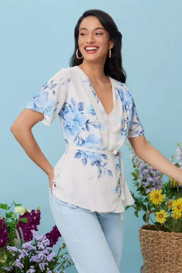 Quiz Clothing Tops Blue Floral Print Wrap Tie Top 8211 Women