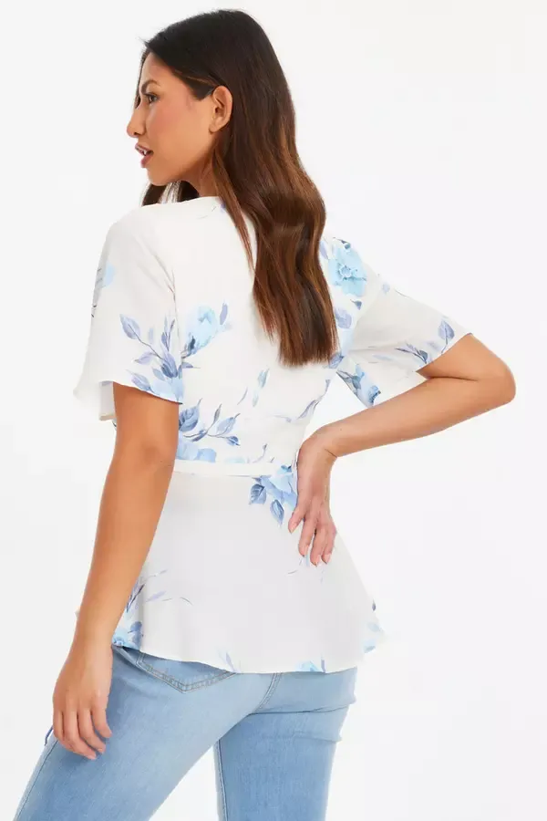 Quiz Clothing Tops Blue Floral Print Wrap Tie Top 8211 Women