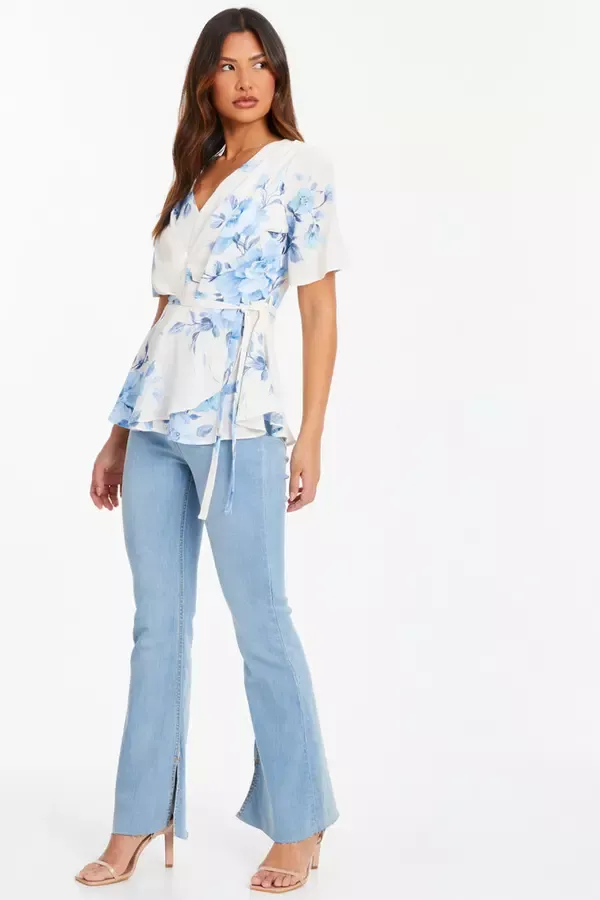 Quiz Clothing Tops Blue Floral Print Wrap Tie Top 8211 Women