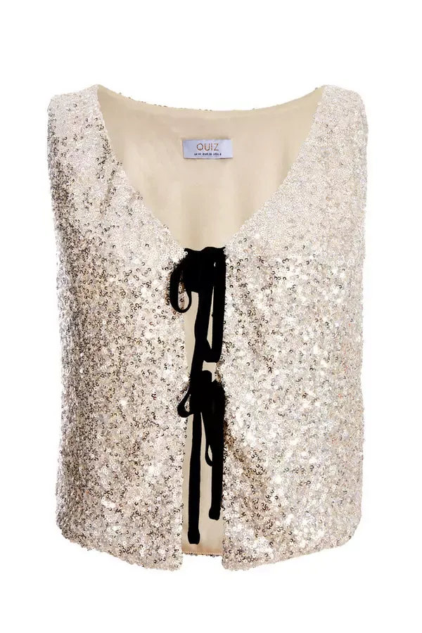Quiz Clothing Tops Champagne Sequin Tie Front Waistcoat 8211 Women