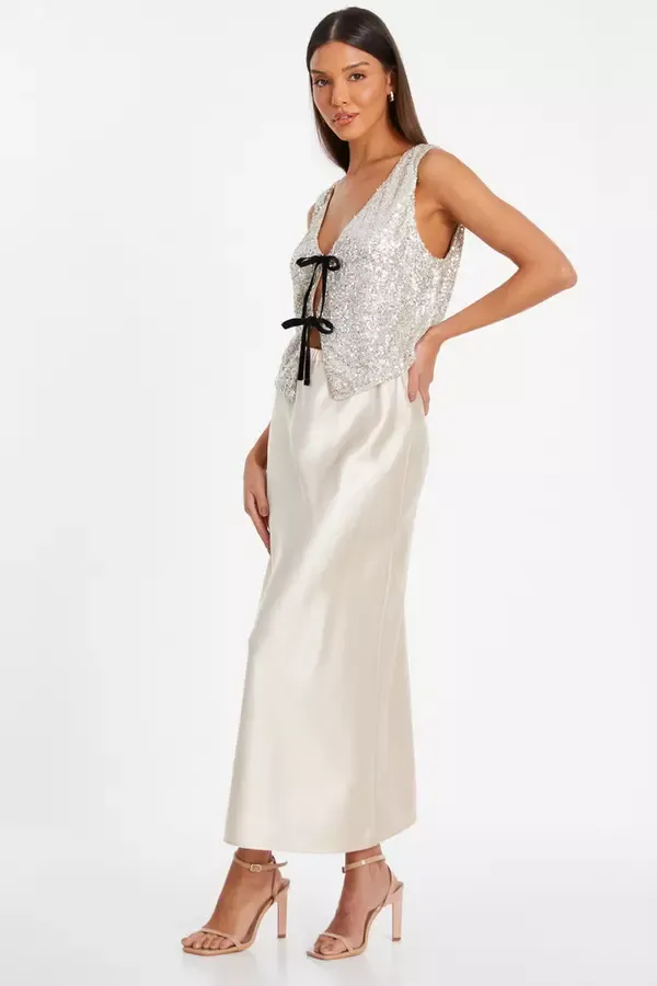 Quiz Clothing Tops Champagne Sequin Tie Front Waistcoat 8211 Women