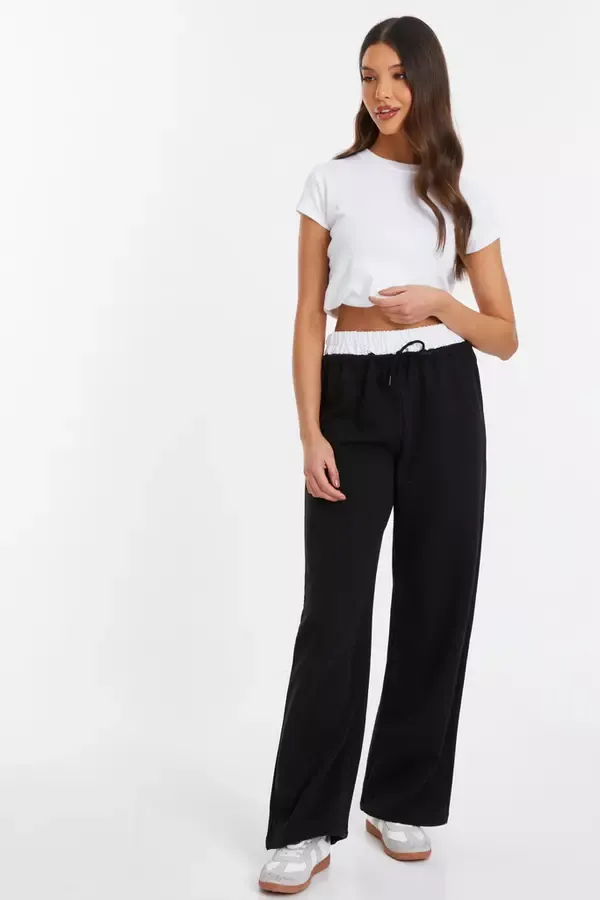 Quiz Clothing Trousers Black Wide Leg Double Waist Jogger 8211 Women