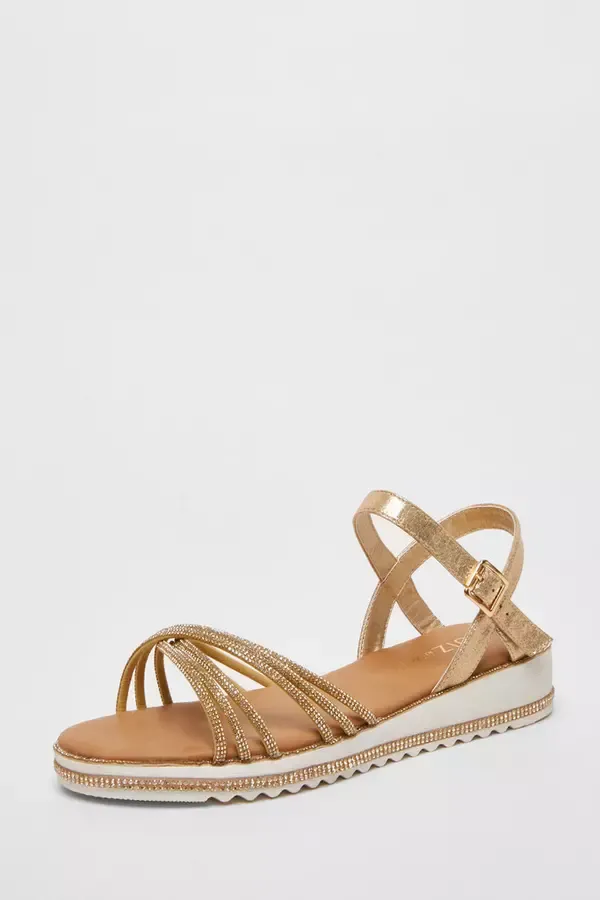 Quiz Clothing Wide Fit Wide Fit Gold Diamante Strap Sandals 8211 Women