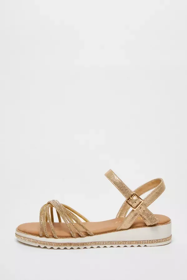 Quiz Clothing Wide Fit Wide Fit Gold Diamante Strap Sandals 8211 Women