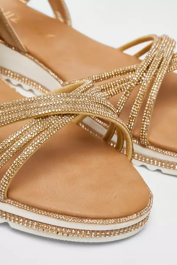 Quiz Clothing Wide Fit Wide Fit Gold Diamante Strap Sandals 8211 Women