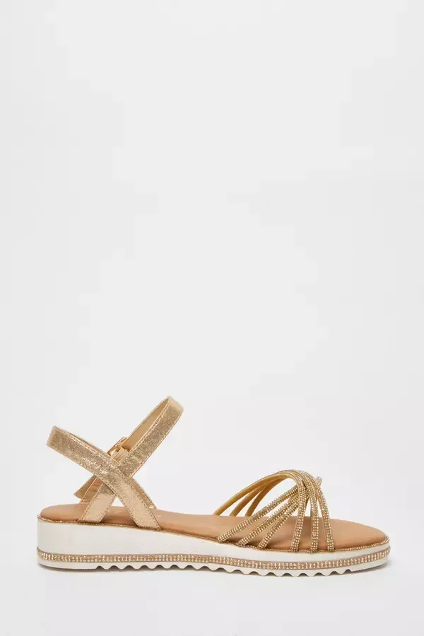 Quiz Clothing Wide Fit Wide Fit Gold Diamante Strap Sandals 8211 Women