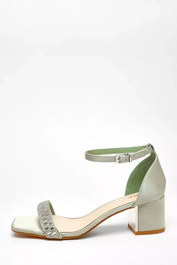 Quiz Clothing Wide Fit Wide Fit Sage Satin Diamante Low Block Heeled Sandals 8211 Women