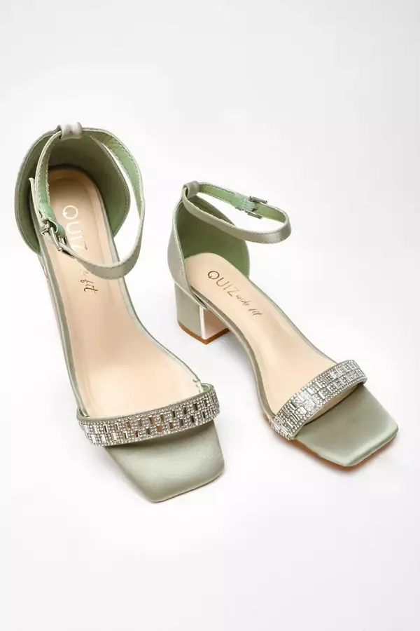 Quiz Clothing Wide Fit Wide Fit Sage Satin Diamante Low Block Heeled Sandals 8211 Women