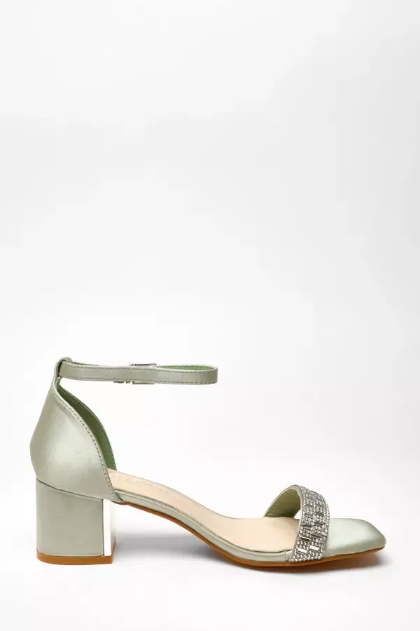 Quiz Clothing Wide Fit Wide Fit Sage Satin Diamante Low Block Heeled Sandals 8211 Women