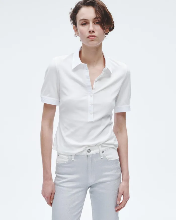 Rag and Bone Ribbed Mixed Media Polo White Women TShirts