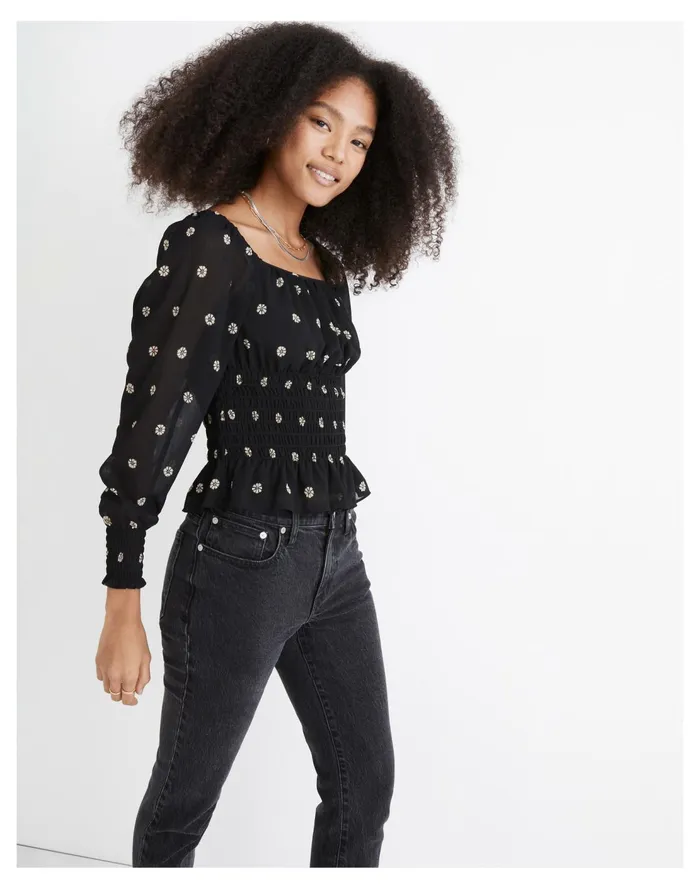 Resourced Georgette Square Neck Smock Waist Top In Bloom Dot True Black Women Madewell Tops and Shirts Resourced Georgette Square Neck Smock Waist Top In Bloom Dot True Black Women Madewell Tops and Shirts