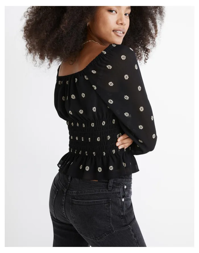 Resourced Georgette Square Neck Smock Waist Top In Bloom Dot True Black Women Madewell Tops and Shirts Resourced Georgette Square Neck Smock Waist Top In Bloom Dot True Black Women Madewell Tops and Shirts