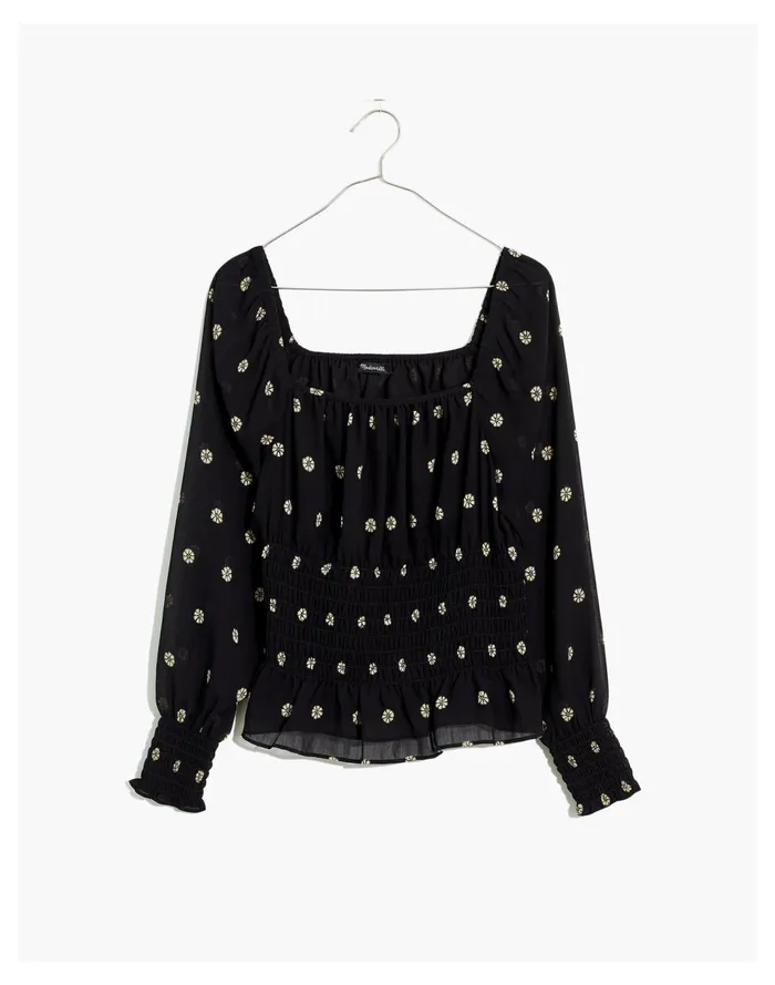 Resourced Georgette Square Neck Smock Waist Top In Bloom Dot True Black Women Madewell Tops and Shirts Resourced Georgette Square Neck Smock Waist Top In Bloom Dot True Black Women Madewell Tops and Shirts