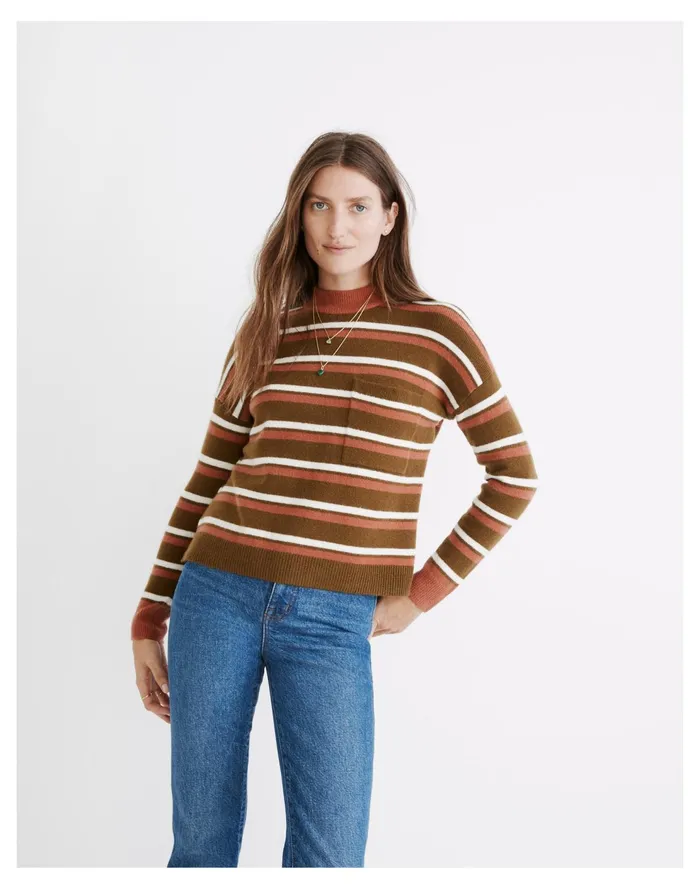 Redmond Mockneck Pocket Sweater In Stripe Asparagus Women Madewell Sweaters