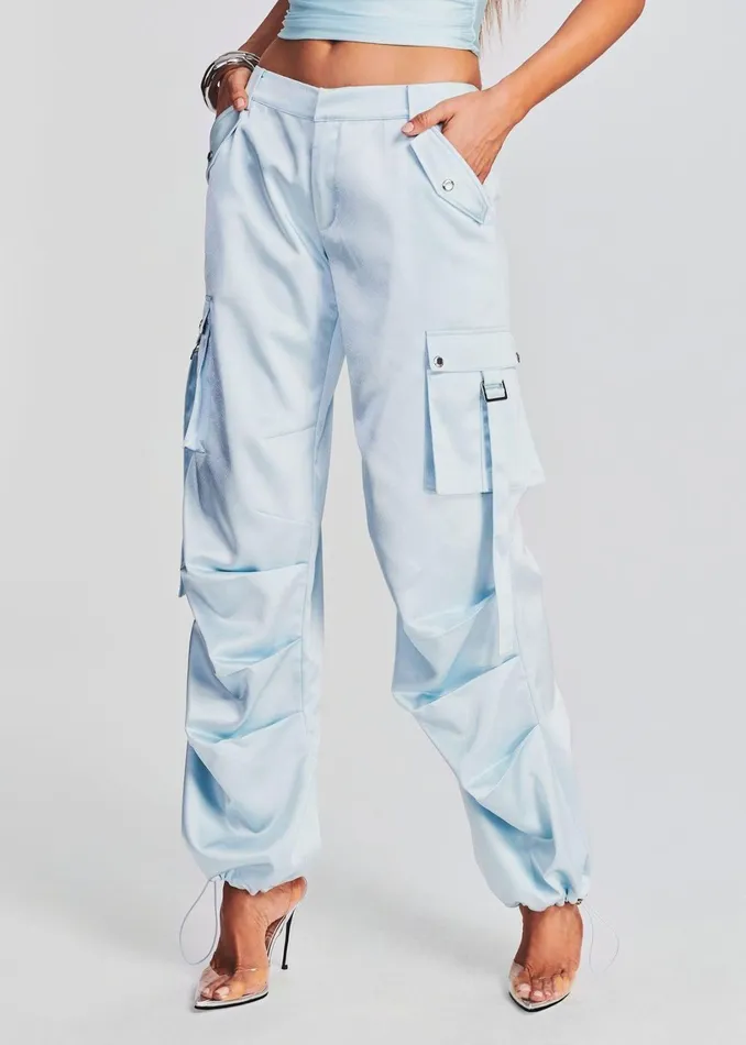 Retrofete Bottoms Lai Satin Cargo Pant Light Blue 8211 Women