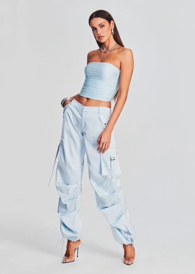 Retrofete Bottoms Lai Satin Cargo Pant Light Blue 8211 Women