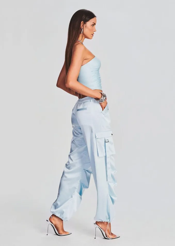 Retrofete Bottoms Lai Satin Cargo Pant Light Blue 8211 Women