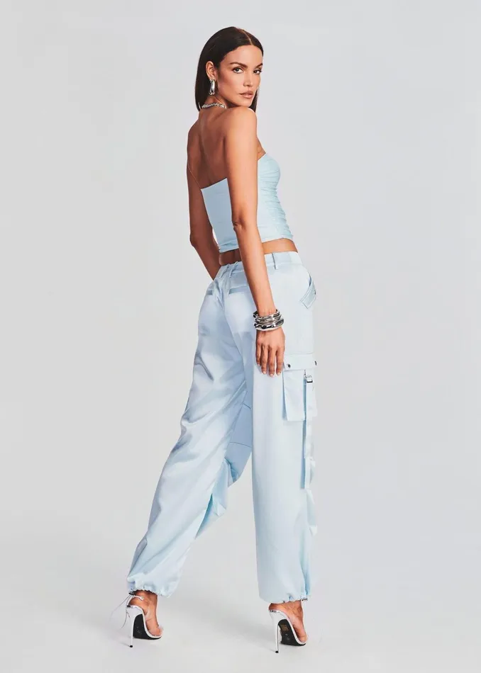 Retrofete Bottoms Lai Satin Cargo Pant Light Blue 8211 Women