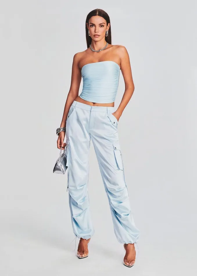 Retrofete Bottoms Lai Satin Cargo Pant Light Blue 8211 Women