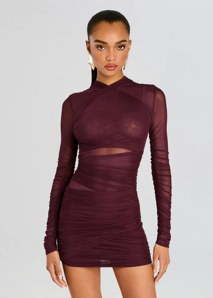 Retrofete Dresses Moxey Ruched Mesh Mini Dress Merlot 8211 Women