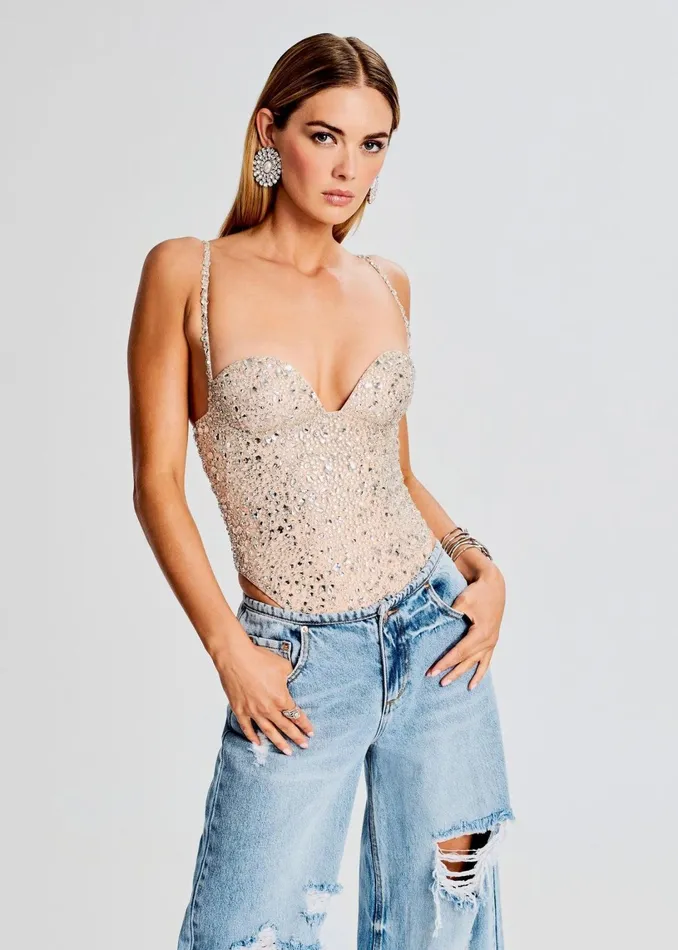 Retrofete Tops Avalon Crystal Embellished Bodysuit Dusty Peach 8211 Women