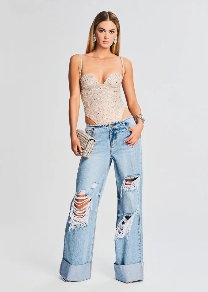 Retrofete Tops Avalon Crystal Embellished Bodysuit Dusty Peach 8211 Women