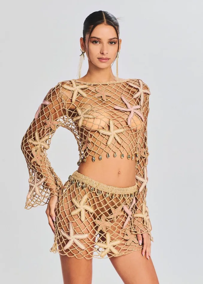 Retrofete Tops Pasha Open Crochet Top Almond Lurex 8211 Women