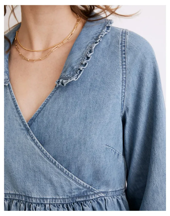 Ruffle Collar Faux Wrap Dress Bardbury Wash Women Madewell Dresses