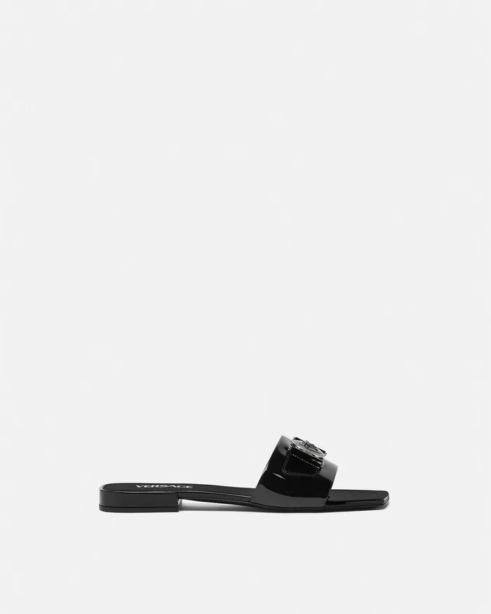 Sandals Women Versace Medusa Buckle Leather Flat Sandals Blacksilver
