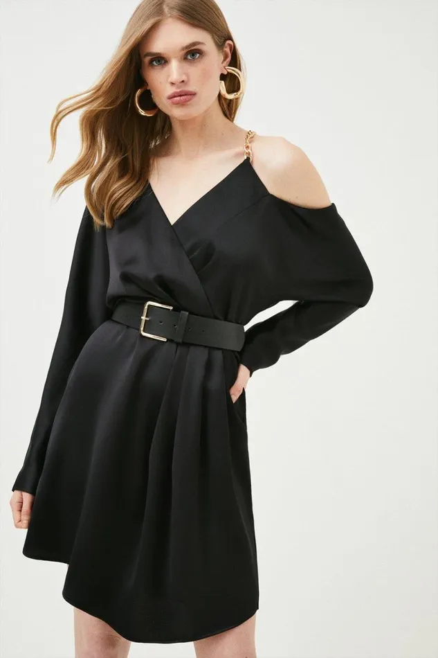 Satin Crepe Chain Trim Draped Mini Dress Black Women Karen Millen Dresses