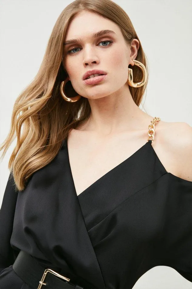 Satin Crepe Chain Trim Draped Mini Dress Black Women Karen Millen Dresses