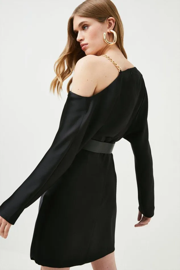 Satin Crepe Chain Trim Draped Mini Dress Black Women Karen Millen Dresses