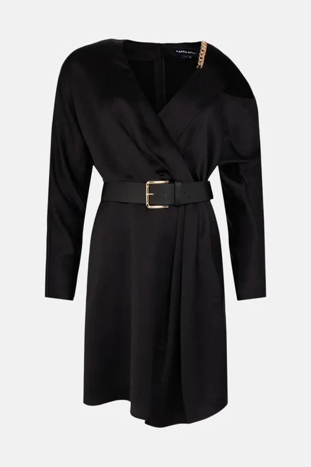 Satin Crepe Chain Trim Draped Mini Dress Black Women Karen Millen Dresses