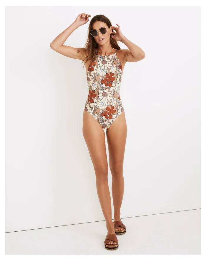 Second Wave High Neck One Piece Swimsuit In Daydream Floral Faded Earth Women Madewell Swim