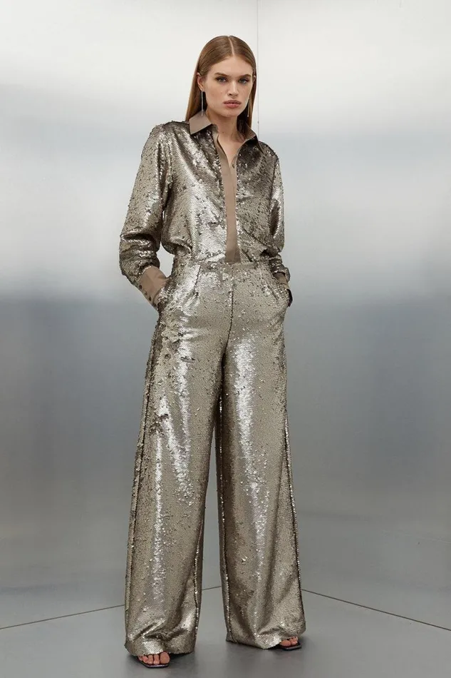 Sequin Woven Wide Leg Trousers Silver Women Karen Millen CoOrds