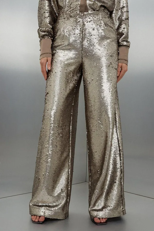 Sequin Woven Wide Leg Trousers Silver Women Karen Millen CoOrds