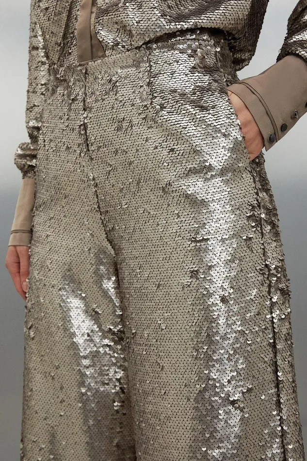 Sequin Woven Wide Leg Trousers Silver Women Karen Millen CoOrds