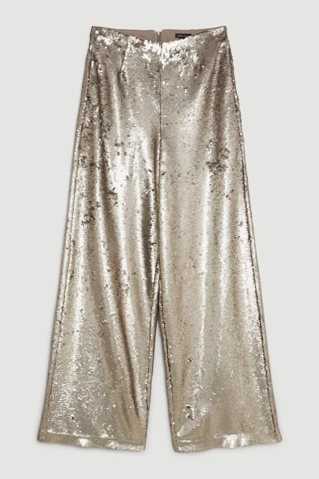 Sequin Woven Wide Leg Trousers Silver Women Karen Millen CoOrds
