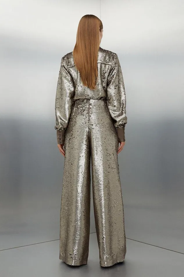Sequin Woven Wide Leg Trousers Silver Women Karen Millen CoOrds