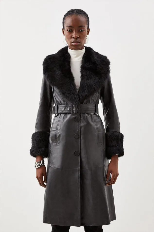Shearling Cuff And Collar Leather Coat Black Women Karen Millen Coats and Jackets
