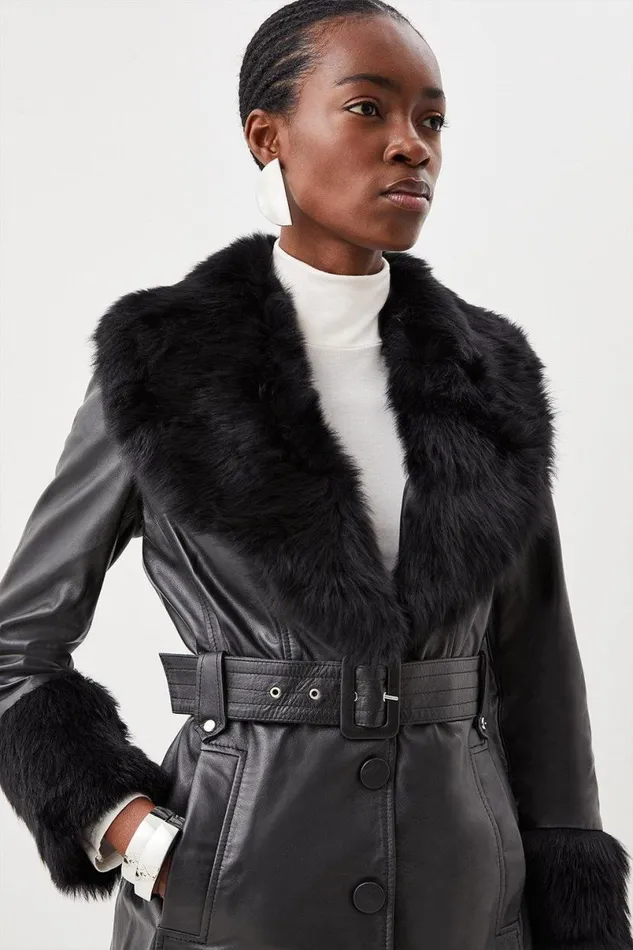Shearling Cuff And Collar Leather Coat Black Women Karen Millen Coats and Jackets