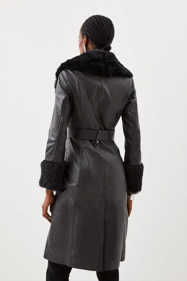 Shearling Cuff And Collar Leather Coat Black Women Karen Millen Coats and Jackets